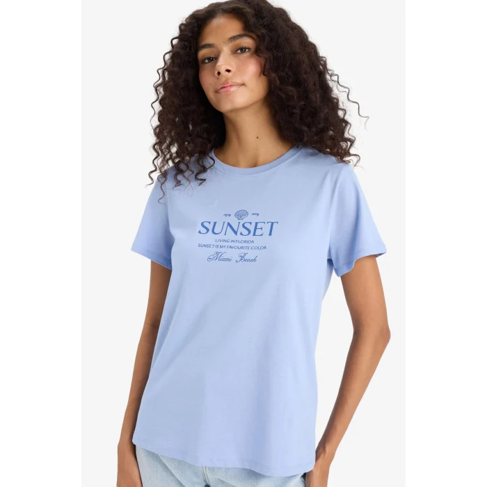 Defacto F5890 Mavi Regular Fit Bisiklet Yaka Baskılı Penye Kısa Kollu Tişört