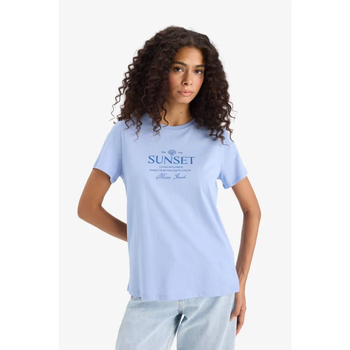 Defacto F5890 Mavi Regular Fit Bisiklet Yaka Baskılı Penye Kısa Kollu Tişört