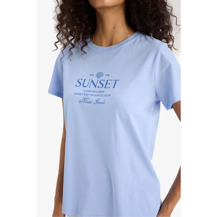 Defacto F5890 Mavi Regular Fit Bisiklet Yaka Baskılı Penye Kısa Kollu Tişört