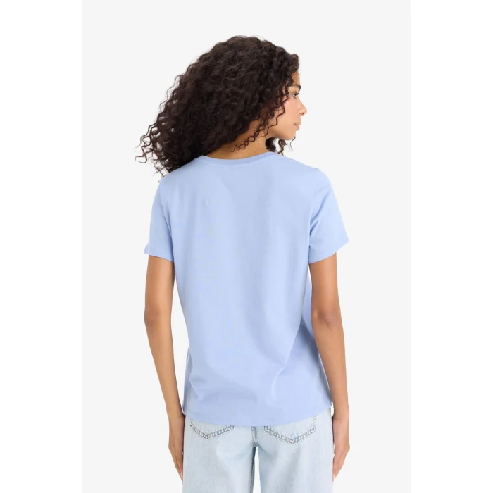 Defacto F5890 Mavi Regular Fit Bisiklet Yaka Baskılı Penye Kısa Kollu Tişört