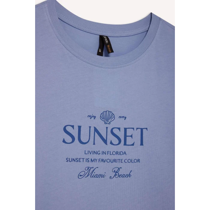 Defacto F5890 Mavi Regular Fit Bisiklet Yaka Baskılı Penye Kısa Kollu Tişört