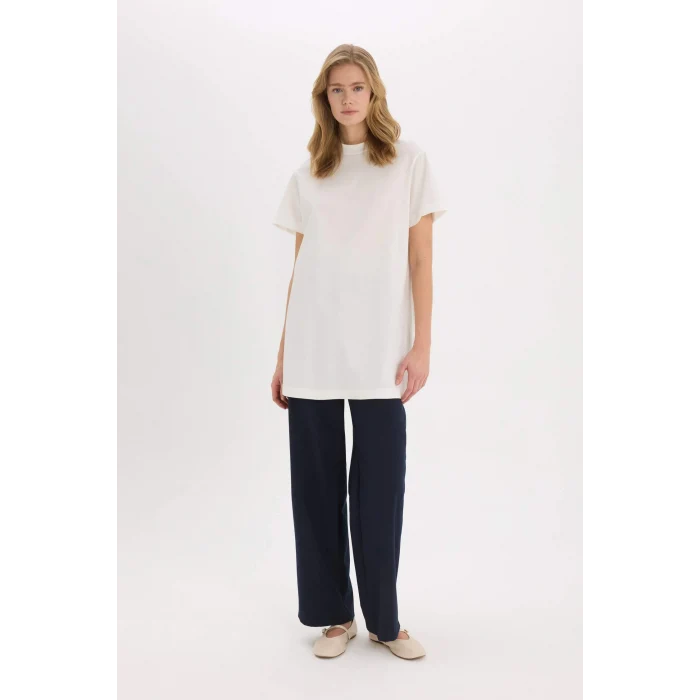 Defacto A8351 Ekru Regular Fit Bisiklet Yaka Basic Düz Kısa Kollu Tesettür Tişört Tunik