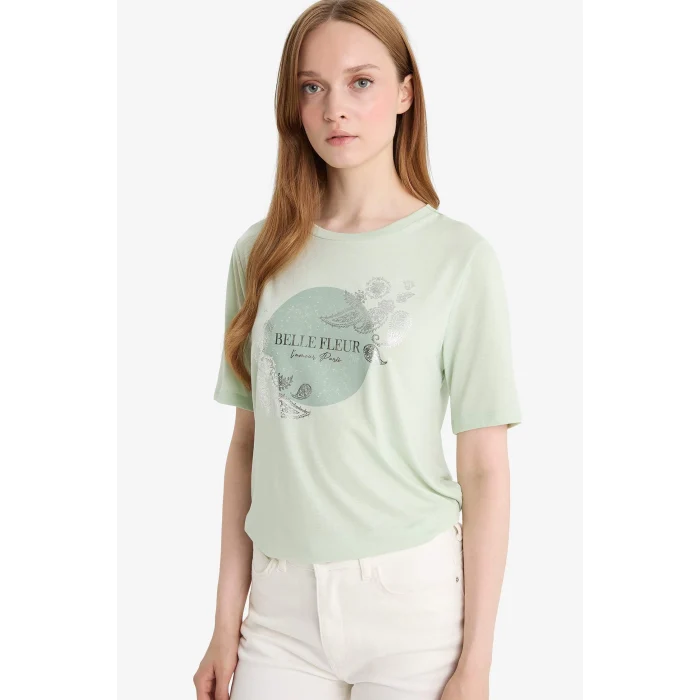 Defacto E9874 Yeşil Regular Fit Bisiklet Yaka Baskılı Kısa Kollu Tişört