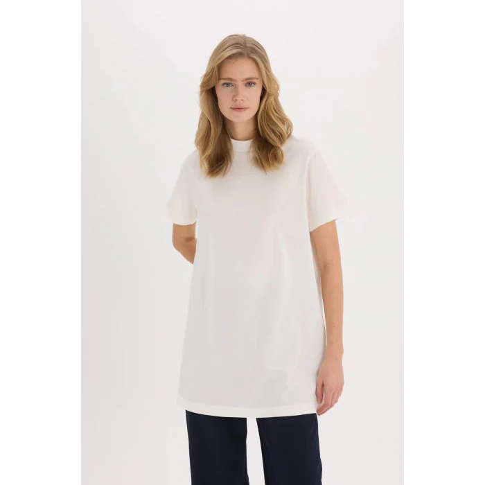 Defacto A8351 Ekru Regular Fit Bisiklet Yaka Basic Düz Kısa Kollu Tesettür Tişört Tunik