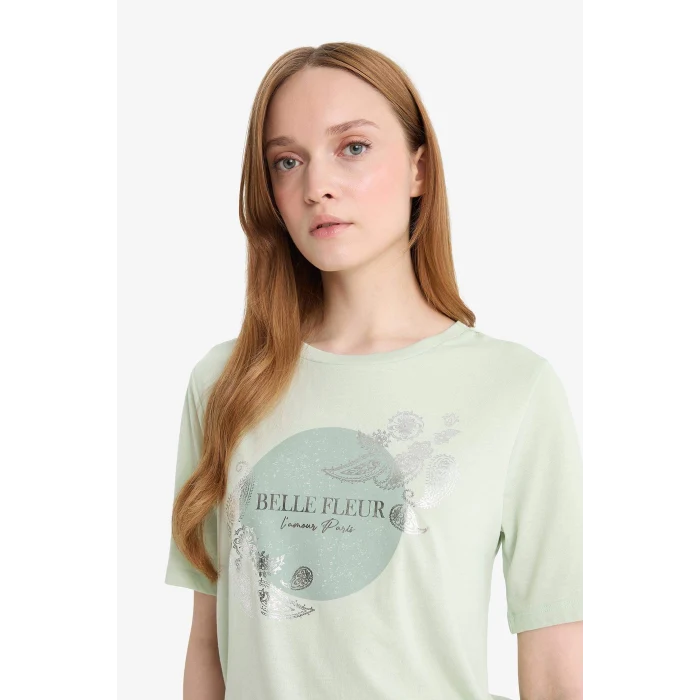 Defacto E9874 Yeşil Regular Fit Bisiklet Yaka Baskılı Kısa Kollu Tişört