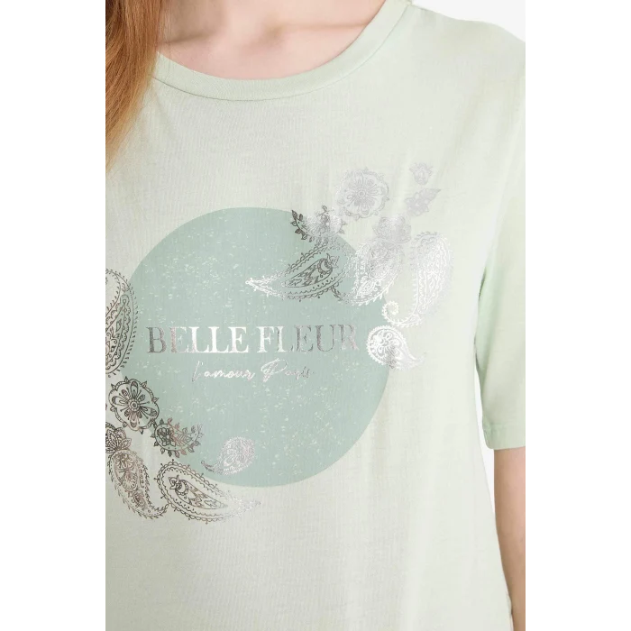 Defacto E9874 Yeşil Regular Fit Bisiklet Yaka Baskılı Kısa Kollu Tişört