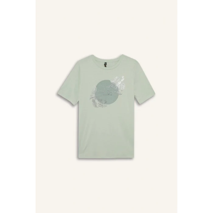 Defacto E9874 Yeşil Regular Fit Bisiklet Yaka Baskılı Kısa Kollu Tişört