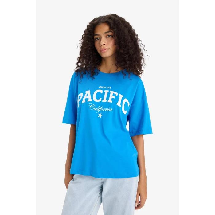 Defacto F5883 Mavi Regular Fit Bisiklet Yaka Baskılı Penye Kısa Kollu Tişört