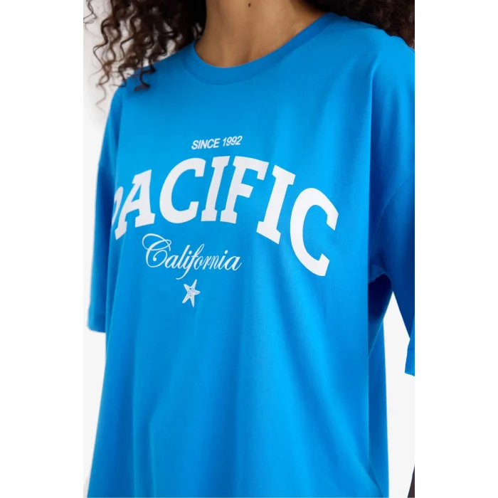 Defacto F5883 Mavi Regular Fit Bisiklet Yaka Baskılı Penye Kısa Kollu Tişört