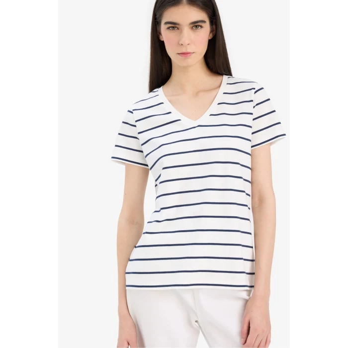 Defacto C7588 Lacivert Relax Fit V Yaka Çizgili Kısa Kollu Tişört