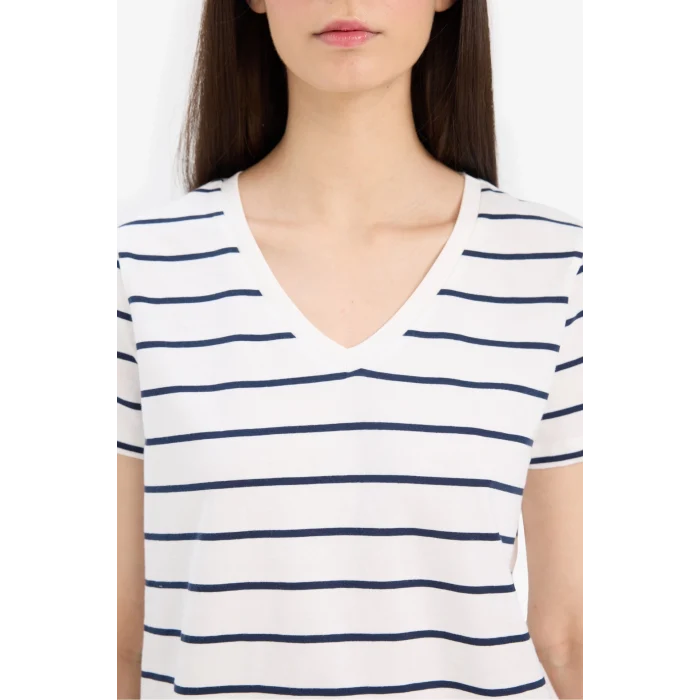 Defacto C7588 Lacivert Relax Fit V Yaka Çizgili Kısa Kollu Tişört