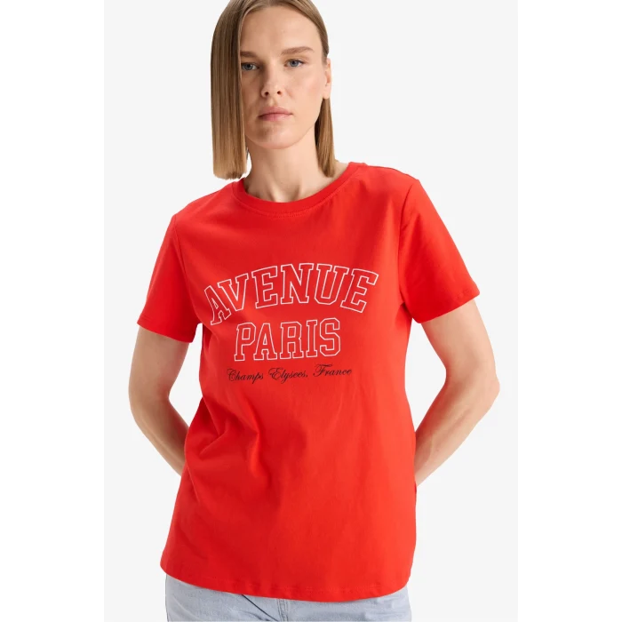 Defacto F5882 Kırmızı Regular Fit Bisiklet Yaka Baskılı Penye Kısa Kollu Tişört