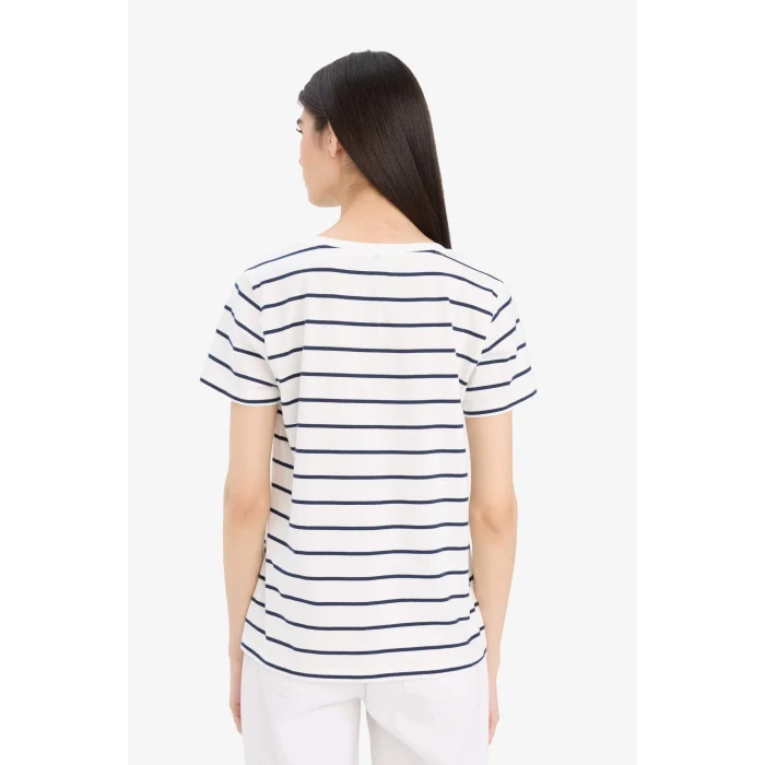 Defacto C7588 Lacivert Relax Fit V Yaka Çizgili Kısa Kollu Tişört