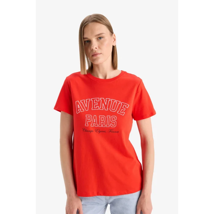 Defacto F5882 Kırmızı Regular Fit Bisiklet Yaka Baskılı Penye Kısa Kollu Tişört