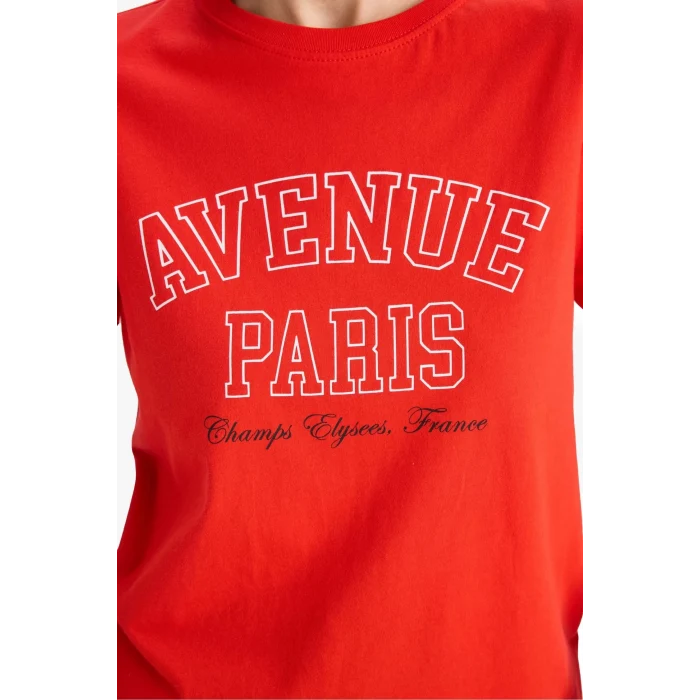 Defacto F5882 Kırmızı Regular Fit Bisiklet Yaka Baskılı Penye Kısa Kollu Tişört