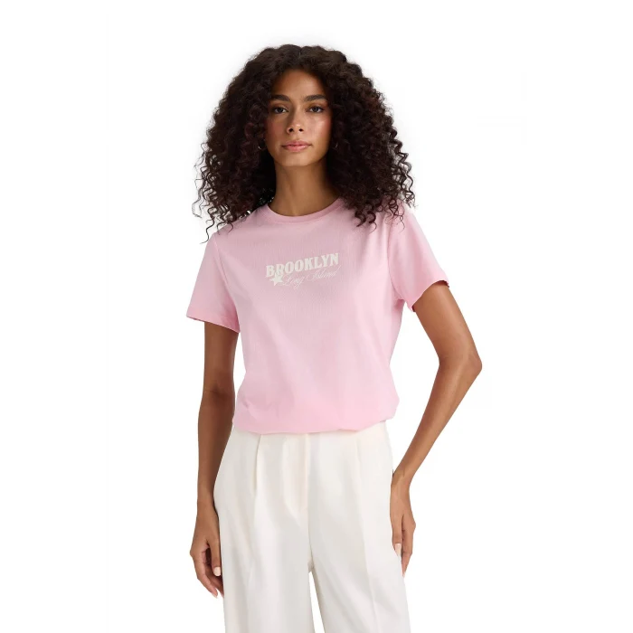 Defacto F5889 Pembe Regular Fit Bisiklet Yaka Baskılı Penye Kısa Kollu Tişört