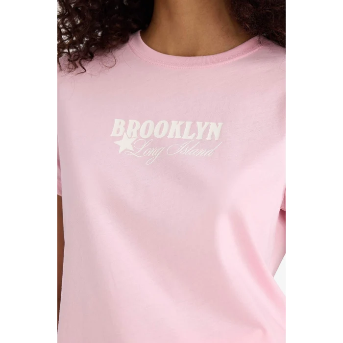 Defacto F5889 Pembe Regular Fit Bisiklet Yaka Baskılı Penye Kısa Kollu Tişört