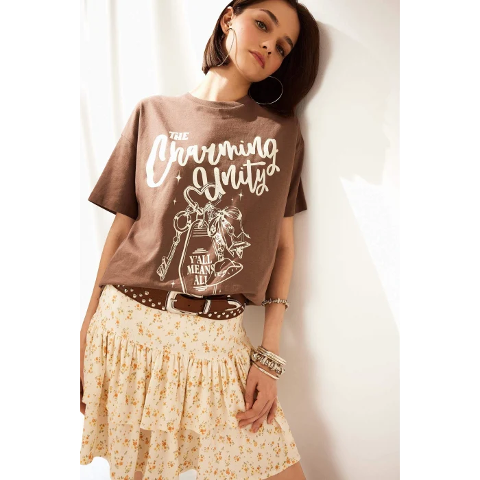 Defacto F5150 Kahve Coool Oversize Geniş Kalıp Baskılı Kısa Kollu Tişört