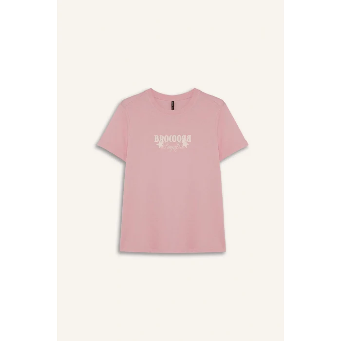 Defacto F5889 Pembe Regular Fit Bisiklet Yaka Baskılı Penye Kısa Kollu Tişört