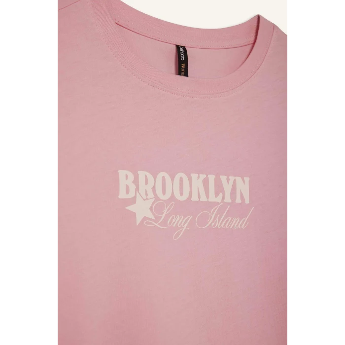 Defacto F5889 Pembe Regular Fit Bisiklet Yaka Baskılı Penye Kısa Kollu Tişört