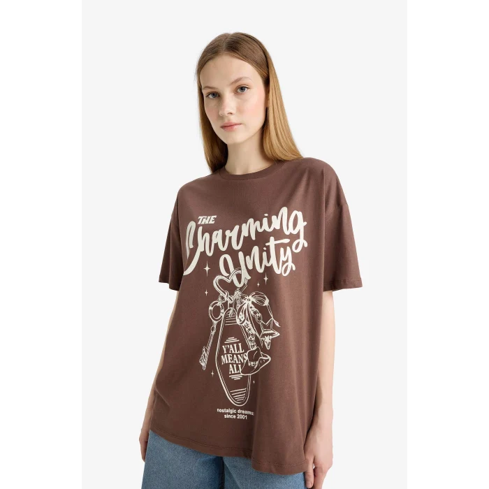 Defacto F5150 Kahve Coool Oversize Geniş Kalıp Baskılı Kısa Kollu Tişört