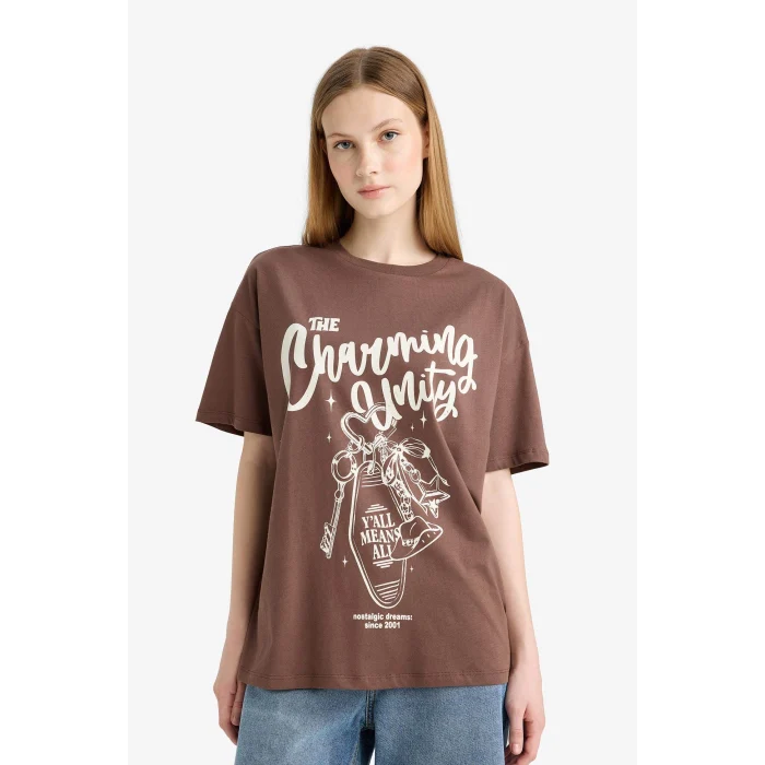 Defacto F5150 Kahve Coool Oversize Geniş Kalıp Baskılı Kısa Kollu Tişört