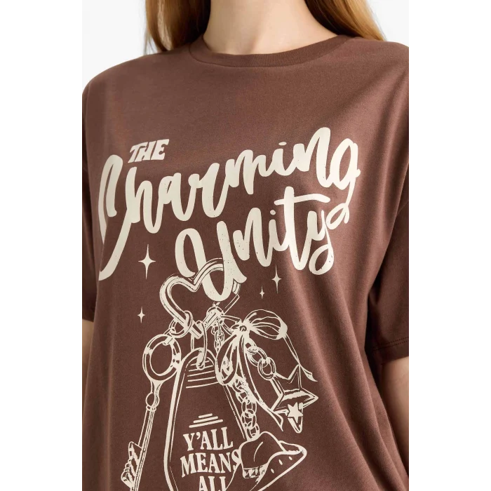 Defacto F5150 Kahve Coool Oversize Geniş Kalıp Baskılı Kısa Kollu Tişört