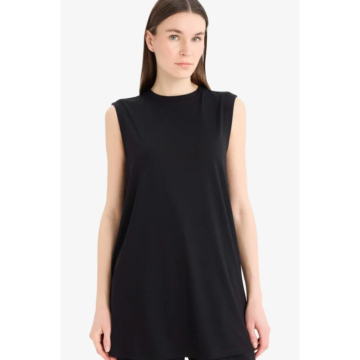 Defacto A8352 Siyah Regular Fit Bisiklet Yaka Basic Düz Kolsuz Siyah Tesettür Tişört Tunik