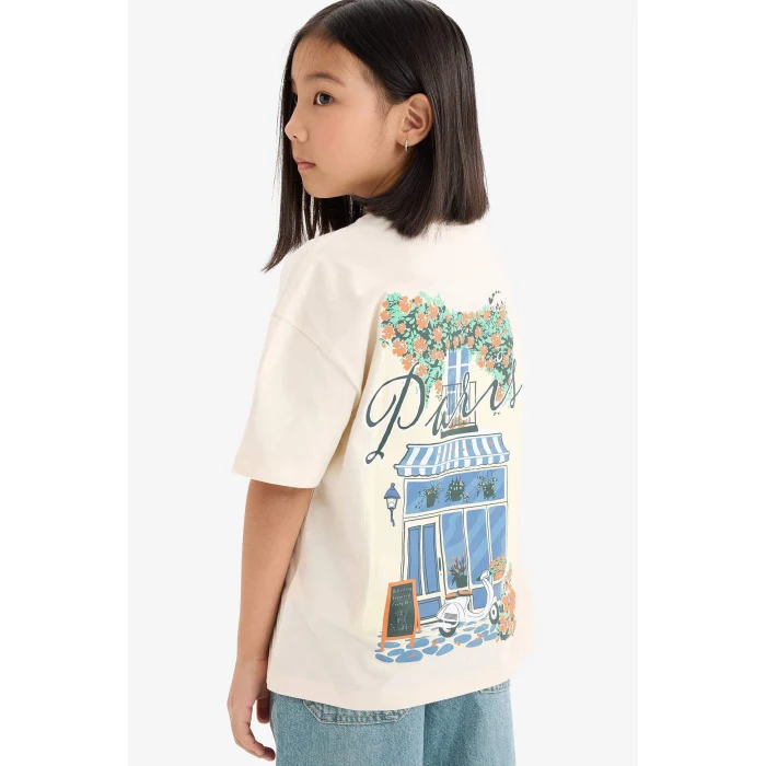 Defacto E0367 Ekru Kız Çocuk Oversize Geniş Kalıp Bisiklet Yaka Sırt Baskılı Kısa Kollu Tişört