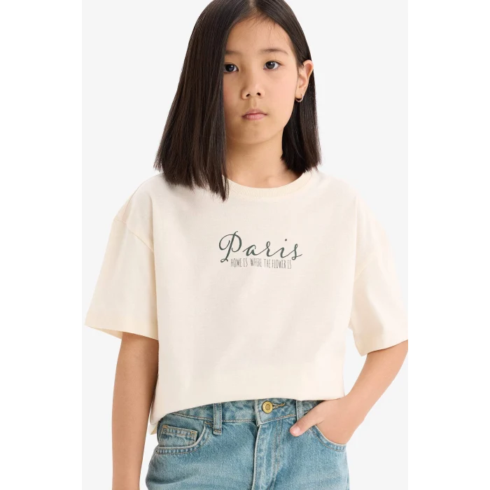 Defacto E0367 Ekru Kız Çocuk Oversize Geniş Kalıp Bisiklet Yaka Sırt Baskılı Kısa Kollu Tişört