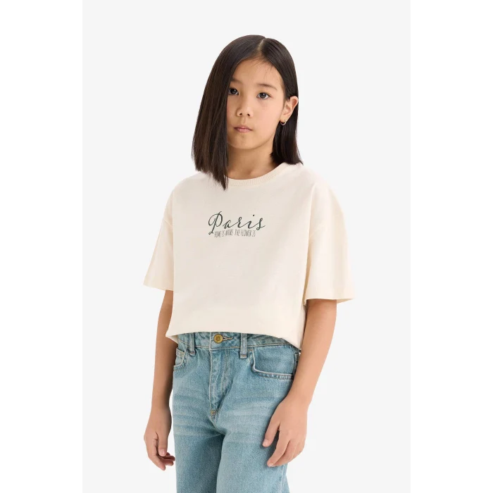 Defacto E0367 Ekru Kız Çocuk Oversize Geniş Kalıp Bisiklet Yaka Sırt Baskılı Kısa Kollu Tişört