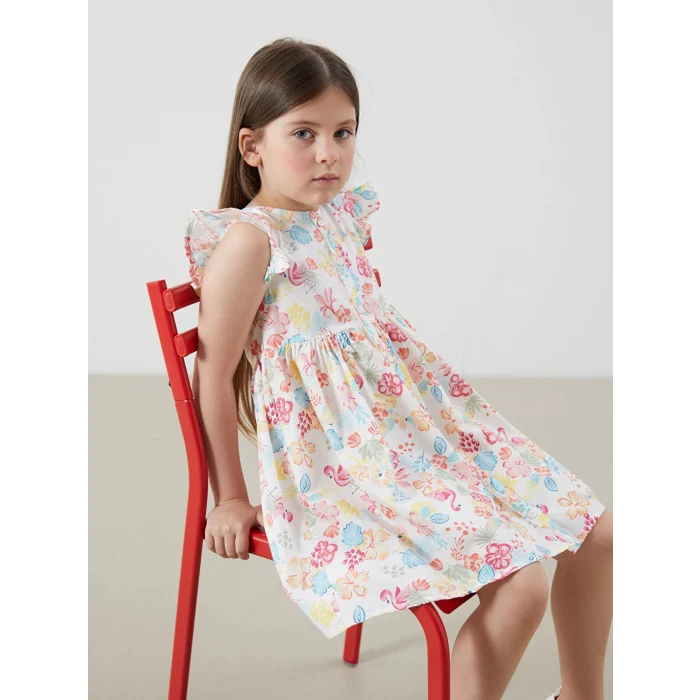 LCW Kids Ekru Bisiklet Yaka Çiçekli Kız Çocuk Poplin Elbise