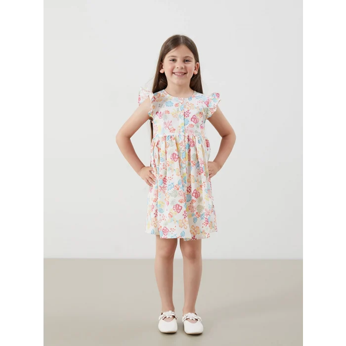 LCW Kids Ekru Bisiklet Yaka Çiçekli Kız Çocuk Poplin Elbise