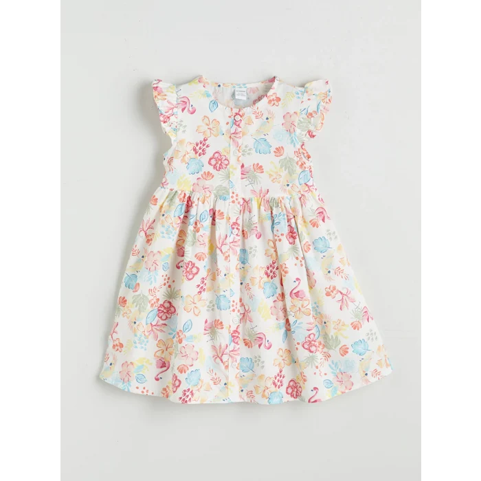 LCW Kids Ekru Bisiklet Yaka Çiçekli Kız Çocuk Poplin Elbise