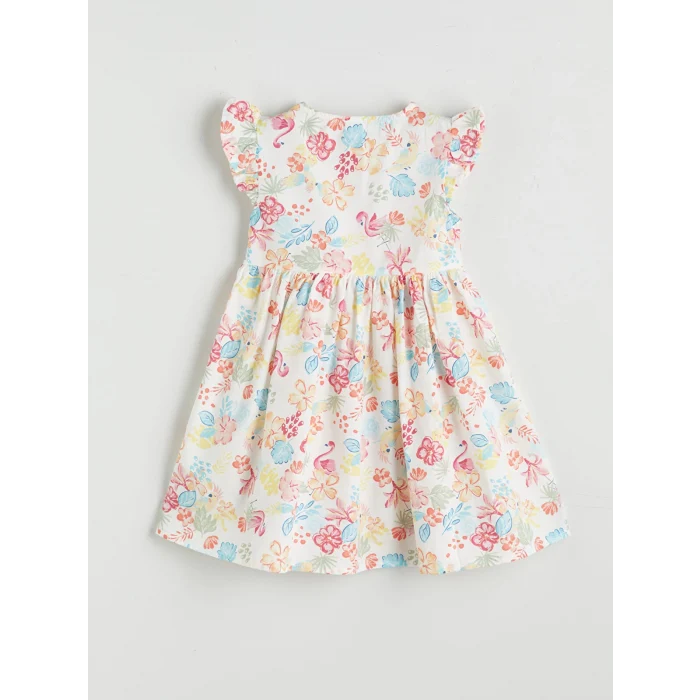 LCW Kids Ekru Bisiklet Yaka Çiçekli Kız Çocuk Poplin Elbise