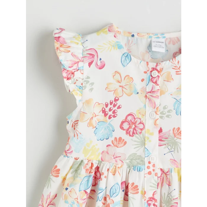 LCW Kids Ekru Bisiklet Yaka Çiçekli Kız Çocuk Poplin Elbise