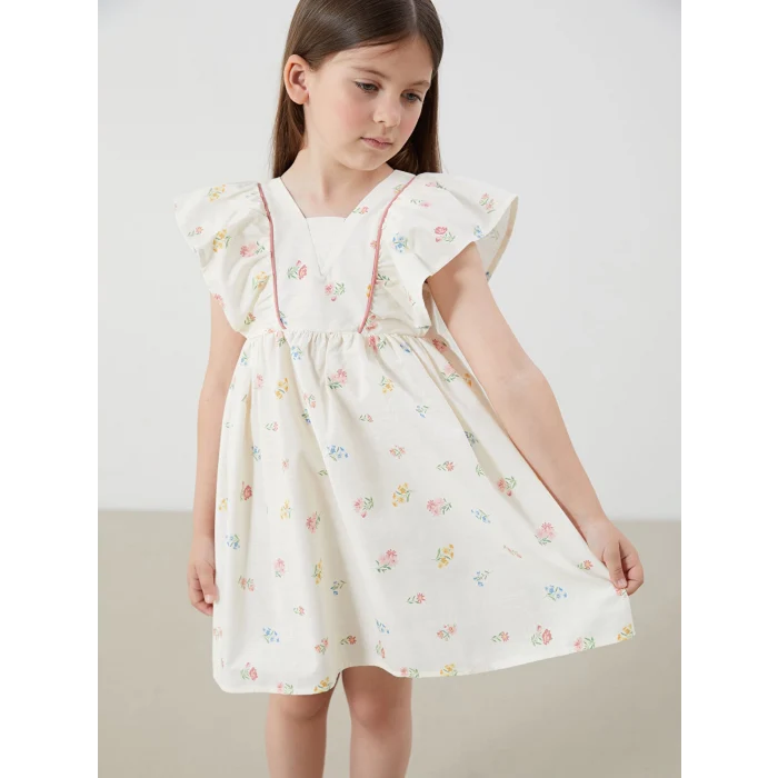 LCW Kids Bej Kare Yaka Keten Görünümlü Kız Çocuk Elbise