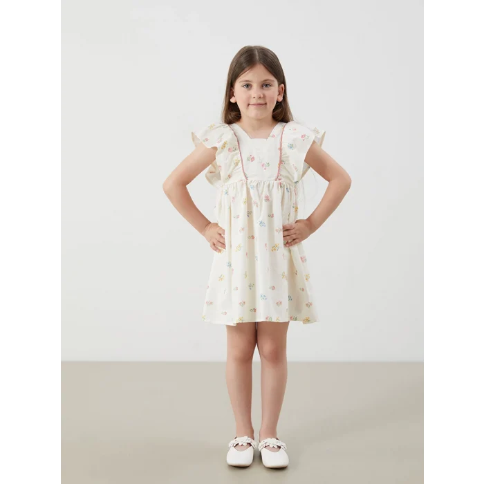 LCW Kids Bej Kare Yaka Keten Görünümlü Kız Çocuk Elbise