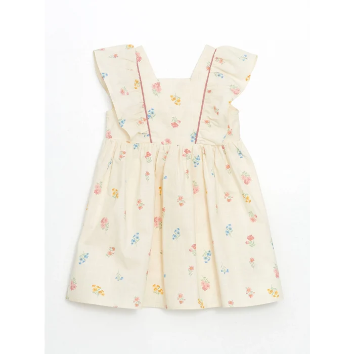 LCW Kids Bej Kare Yaka Keten Görünümlü Kız Çocuk Elbise