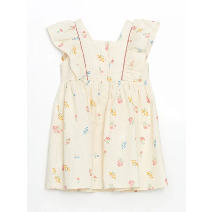 LCW Kids Bej Kare Yaka Keten Görünümlü Kız Çocuk Elbise