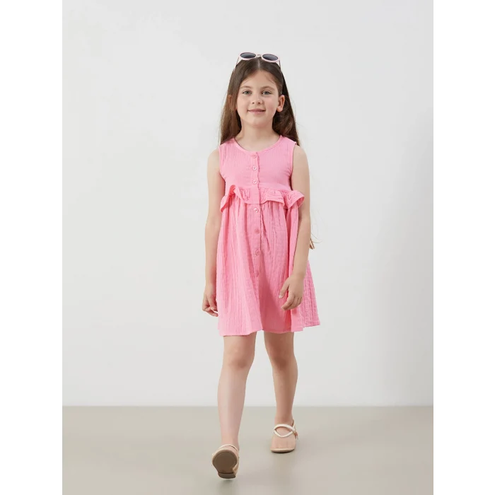 LCW Kids Pembe Önden Düğmeli Müslin Kız Çocuk Elbise