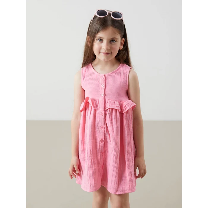 LCW Kids Pembe Önden Düğmeli Müslin Kız Çocuk Elbise