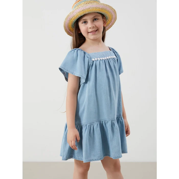 LCW Kids Mavi Çiçek Nakışlı Kız Çocuk Jean Elbise