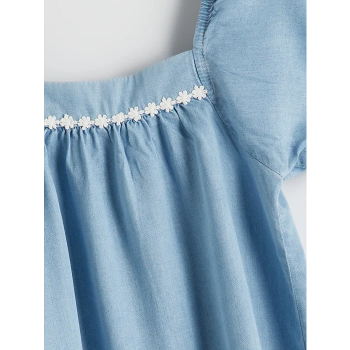 LCW Kids Mavi Çiçek Nakışlı Kız Çocuk Jean Elbise