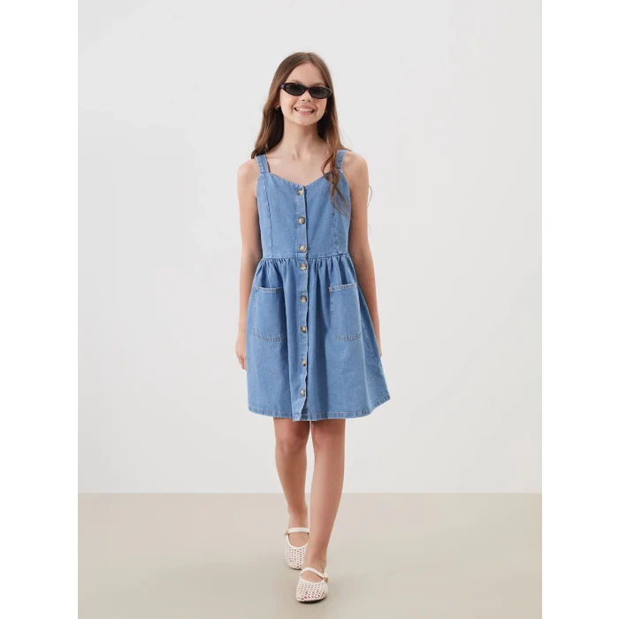 LCW Kids Indigo Kare Yaka Kız Çocuk Jean Elbise