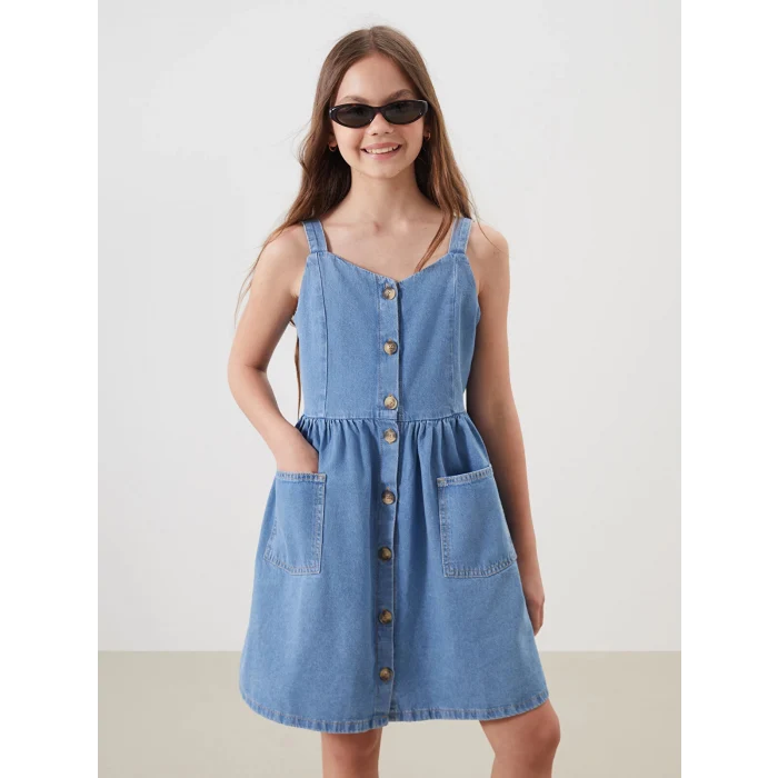 LCW Kids Indigo Kare Yaka Kız Çocuk Jean Elbise