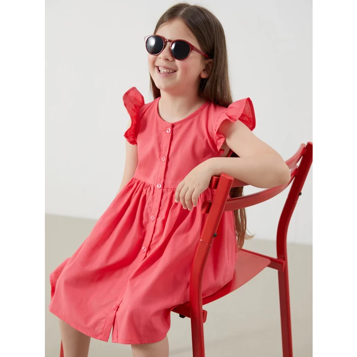 LCW Kids Kirmizi Pileli Kız Çocuk Keten Görünümlü Gömlek Elbise