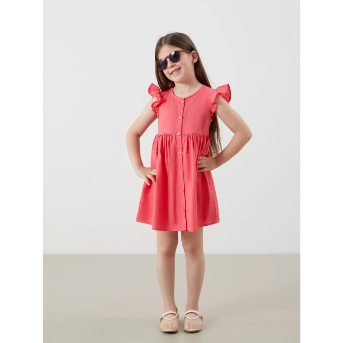 LCW Kids Kirmizi Pileli Kız Çocuk Keten Görünümlü Gömlek Elbise