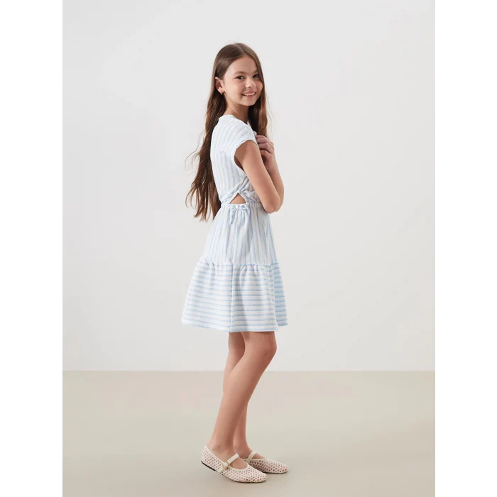 LCW Kids Beyaz Bisiklet Yaka Çizgili Kız Çocuk Elbise