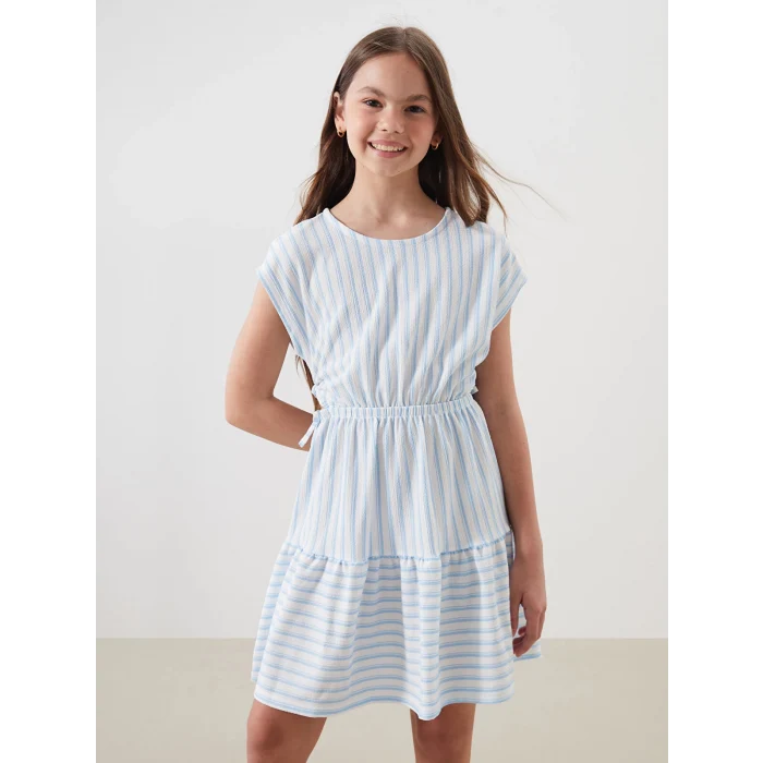 LCW Kids Beyaz Bisiklet Yaka Çizgili Kız Çocuk Elbise